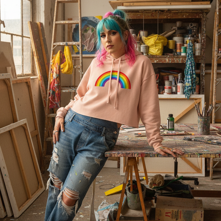 Rainbow Crop Hoodie with vibrant stripes, worn by a femme with turquoise and pink hair, chilling in a colorful, artsy studio.
