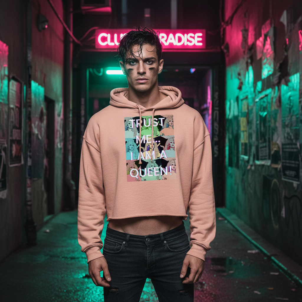 Trust Me...I Am A Queen! Crop Hoodie" in bold print, worn by a young queer person with dramatic makeup in a neon-lit, pride-filled alley.