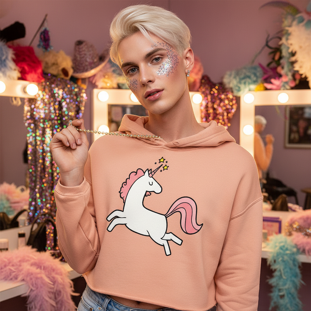Person with platinum-blonde hair and glitter makeup models the Unicorn Crop Hoodie, featuring a leaping unicorn design, embodying queer pride and self-expression against a backdrop of sequined costumes and stage accessories.