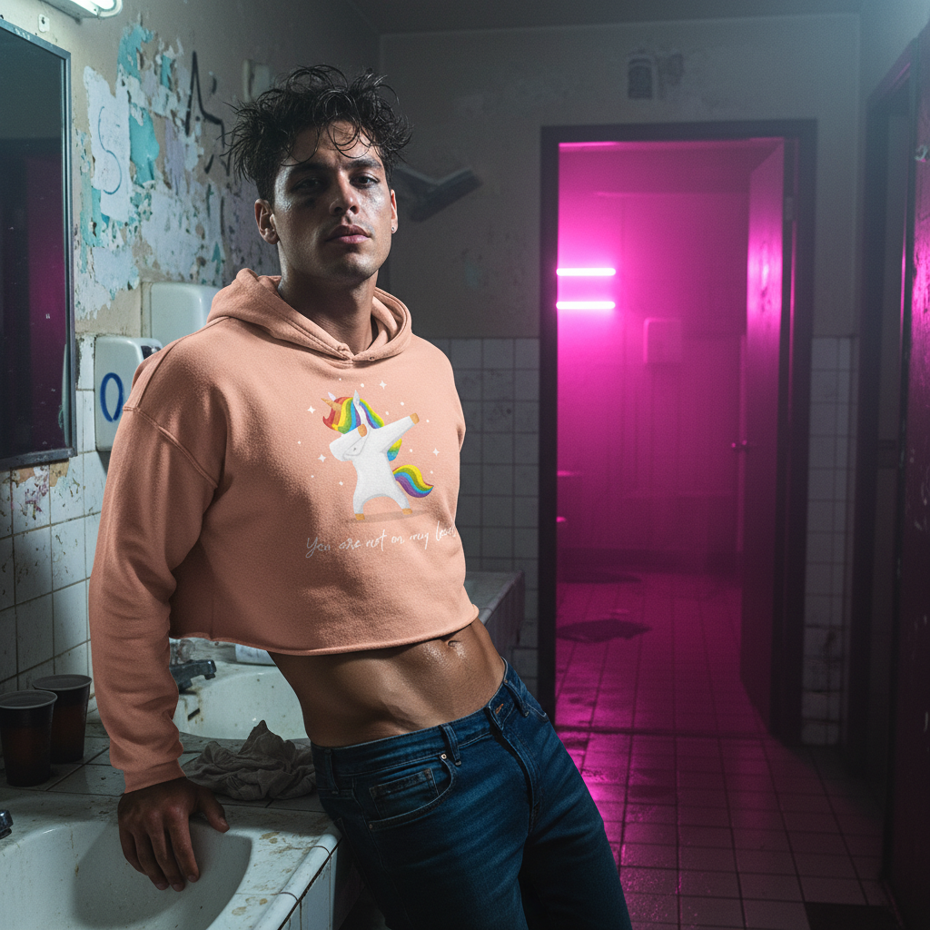 You Are Not On My Level" crop hoodie on a young man, bold queer energy lit by pink neon, against grimy sink and graffiti walls.