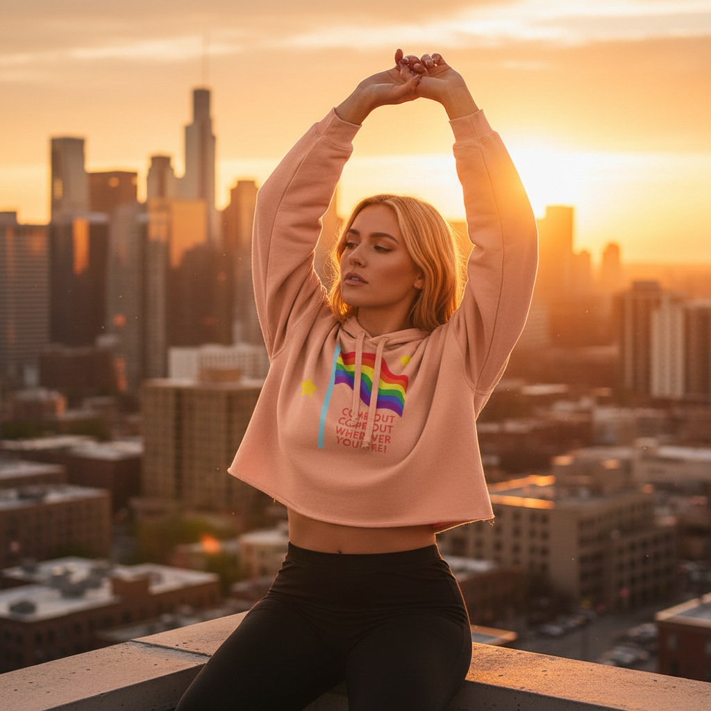 Crop hoodie reading “Come Out Come Out Wherever You Are!” with rainbow design, black leggings, sunset rooftop queer pride moment.