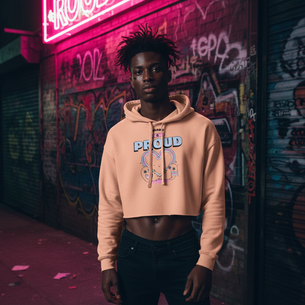 Peach Trans & Proud Crop Hoodie on a confident Black man, midriff out, dark jeans, lit by pink neon in a graffiti alley at night.
