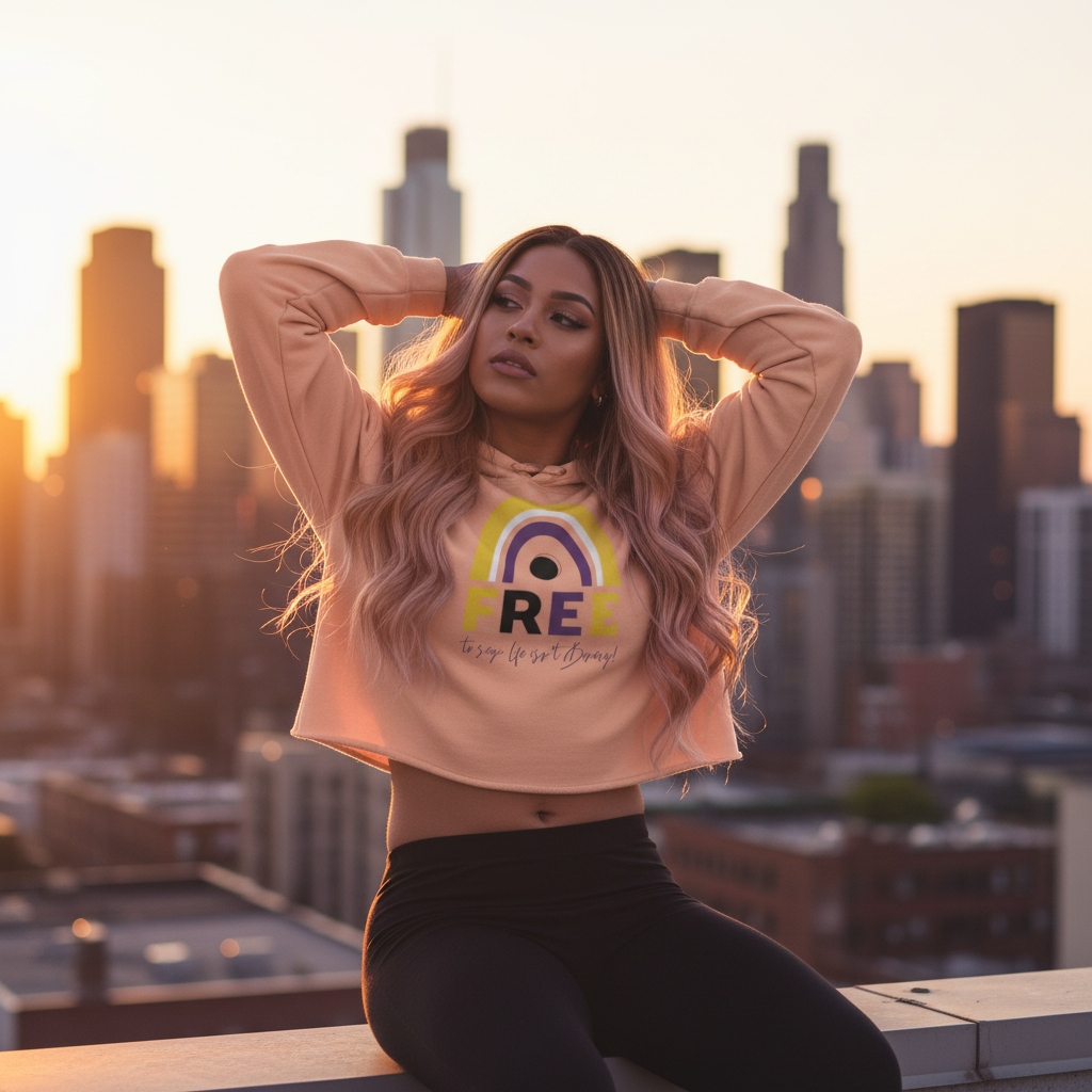 Crop hoodie with "Free To Say: Life Isn't Binary!" slogan, worn by a femme with wavy pink hair on a sunset city rooftop.
