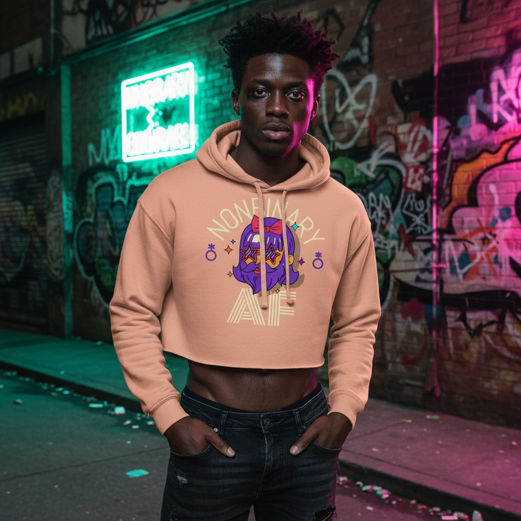 Nonbinary AF Crop Hoodie with bold, colorful graphic and "NONBINARY AF" text, worn by a man in a neon-lit graffiti alley.