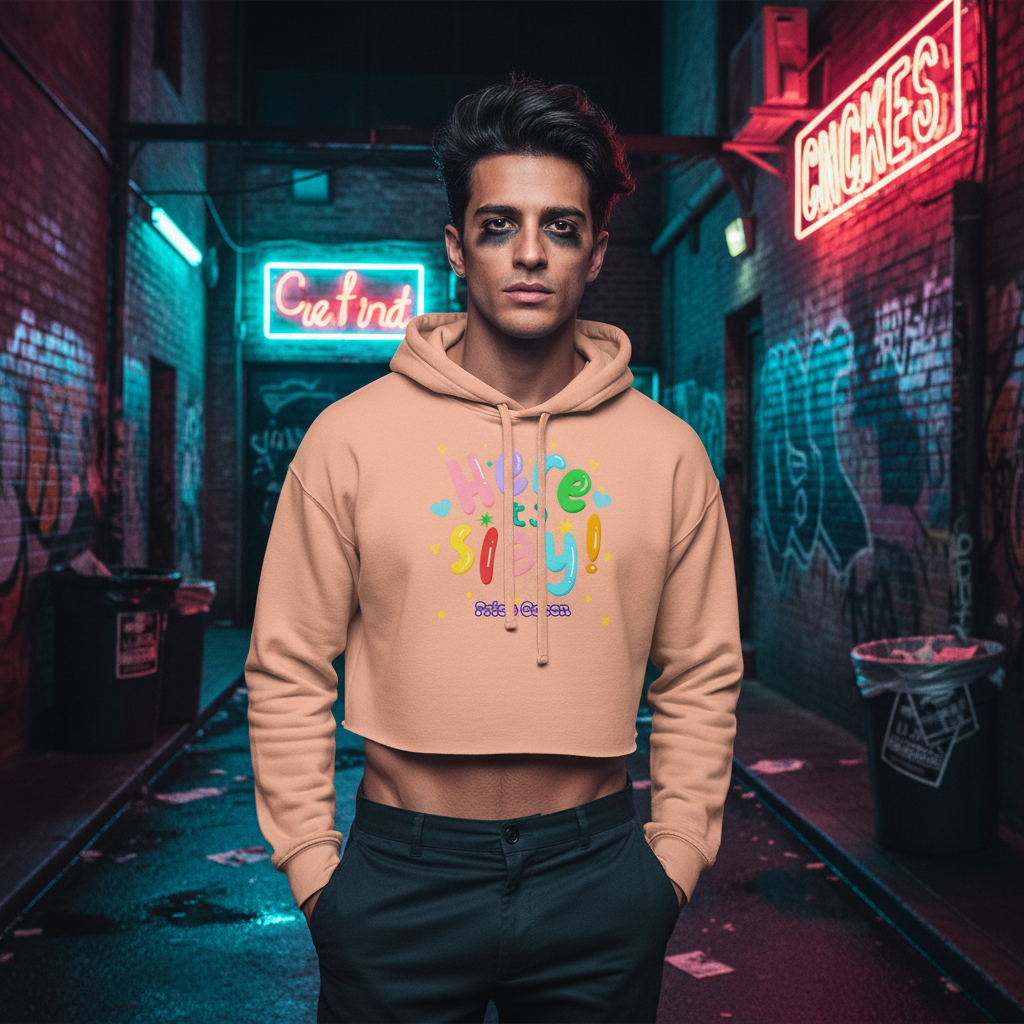 Here To Slay! Pride Queen Crop Hoodie with “We’re so gay!” slogan, worn by a young man in a neon-lit graffiti alley at night.