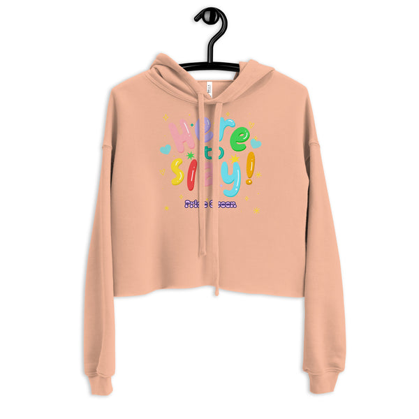 Pride Queen crop hoodie with rainbow bubble letters, sparkles, hearts, and 