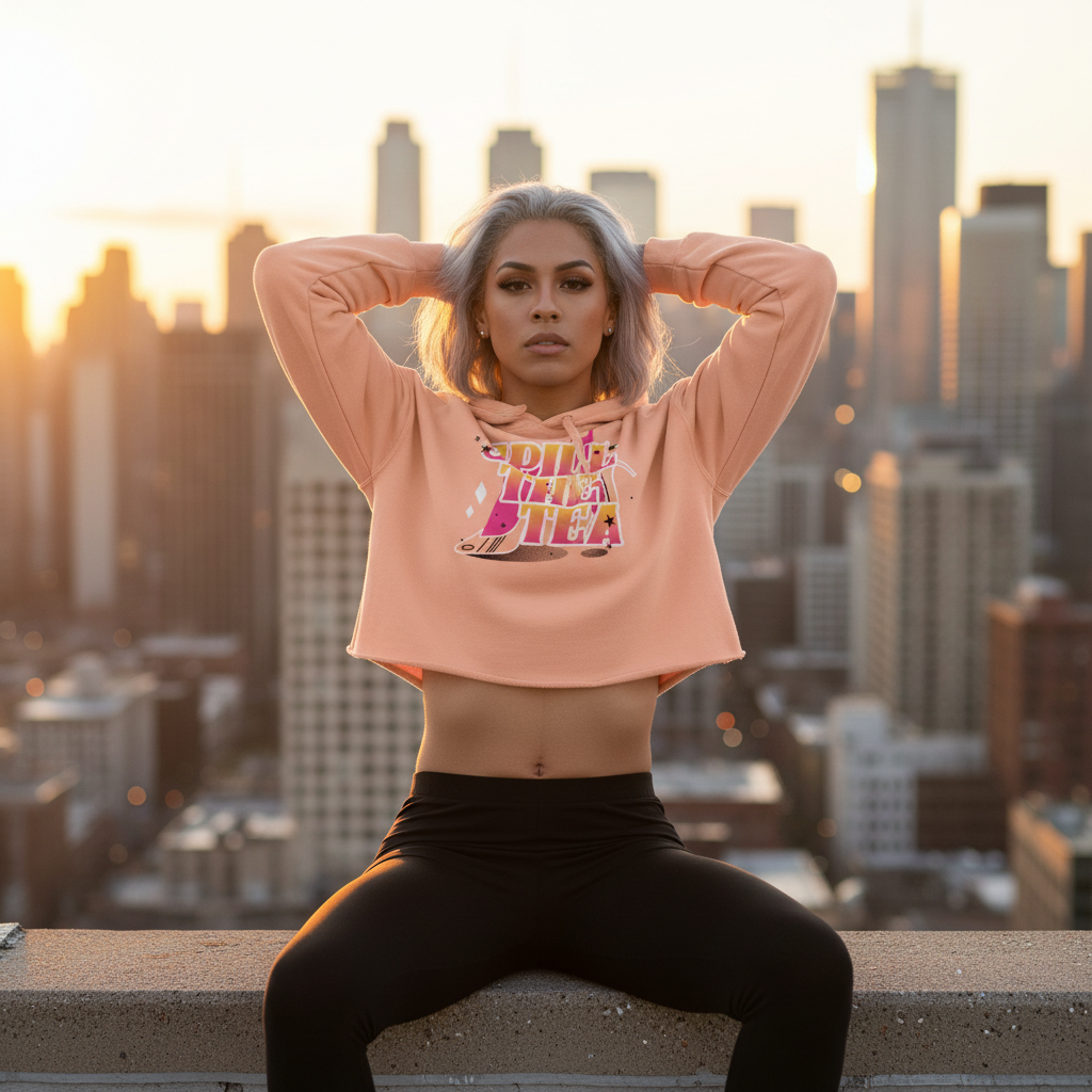 Spill The Tea Crop Hoodie paired with black leggings on a confident, light gray-haired queer person posing rooftop at sunset.