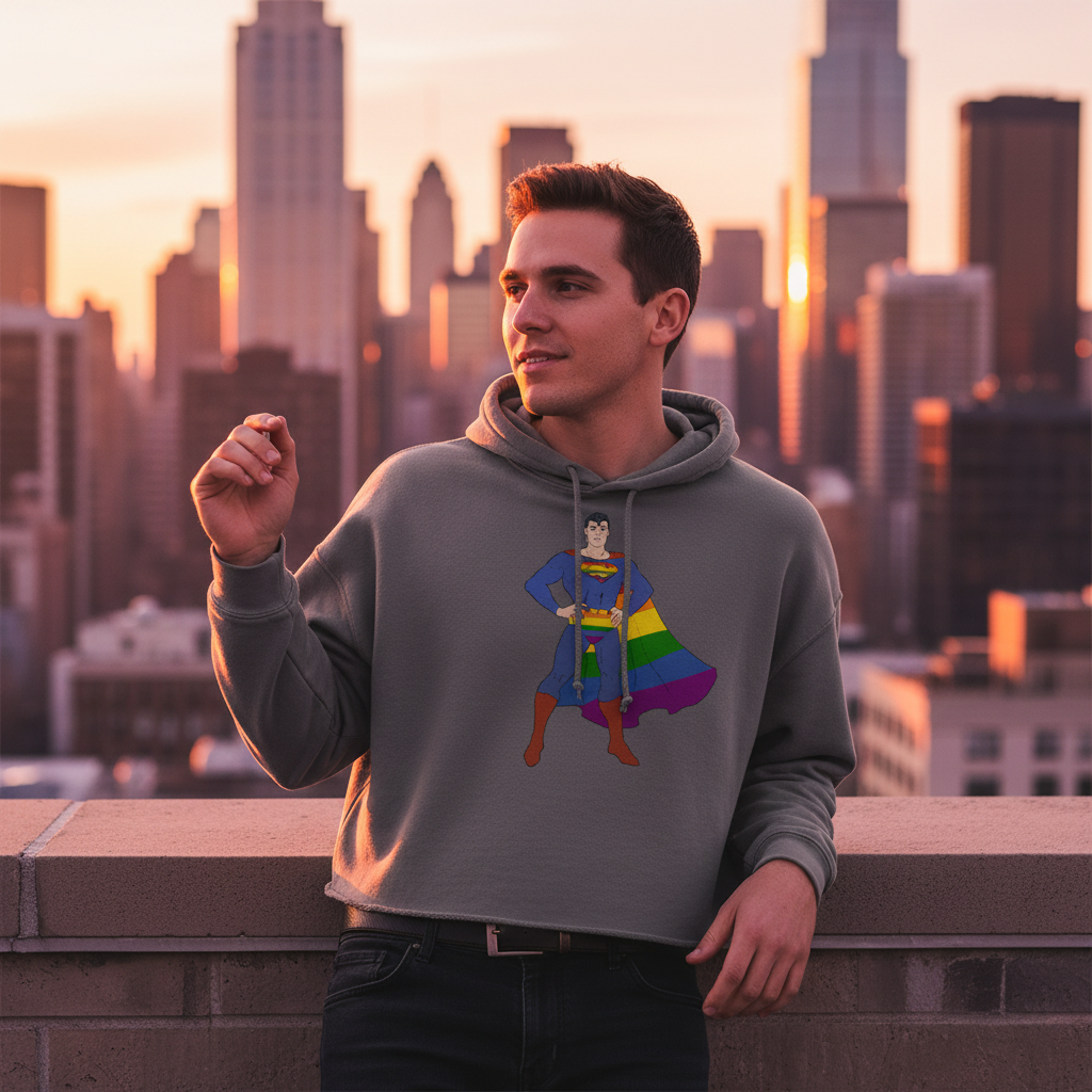 Gray Gay Geek Crop Hoodie with cartoon superhero and rainbow cape, worn by smiling person on rooftop at sunset; queer fashion.