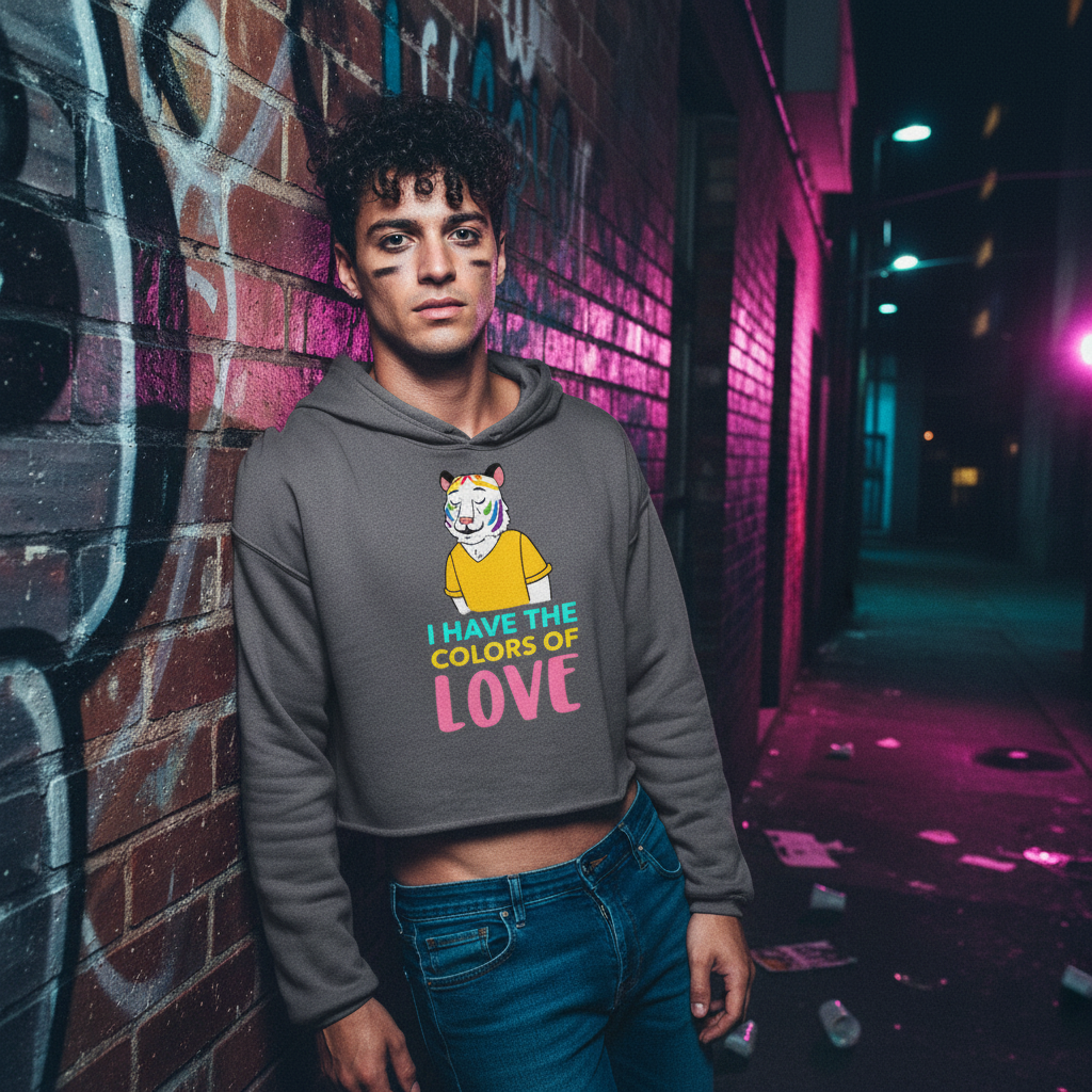 The I Have The Color Of Love Crop Hoodie with a rainbow tiger graphic worn by a curly-haired, face-painted LGBTQ+ youth in a graffiti-tagged urban alley at night.
