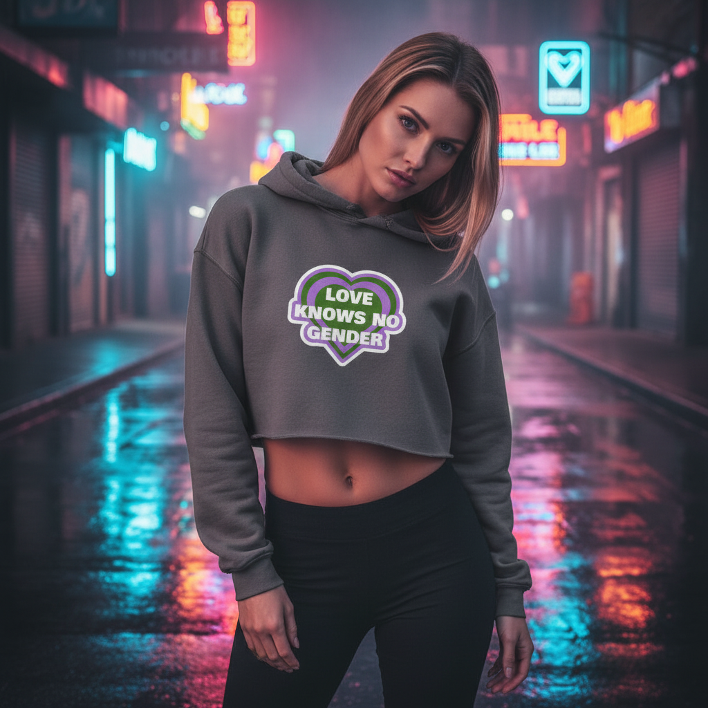 Love Knows No Gender" crop hoodie with heart graphic, worn by a queer woman on a neon-lit, rainy city street at night.