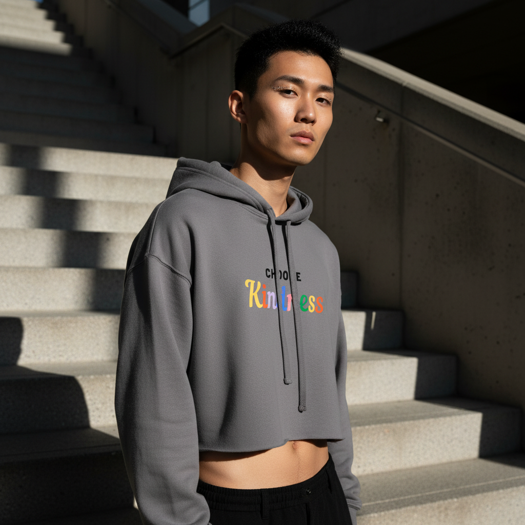 Choose Kindness Crop Hoodie with rainbow lettering, worn by a short-haired youth on sunlit steps—uplifting queer style and positivity.