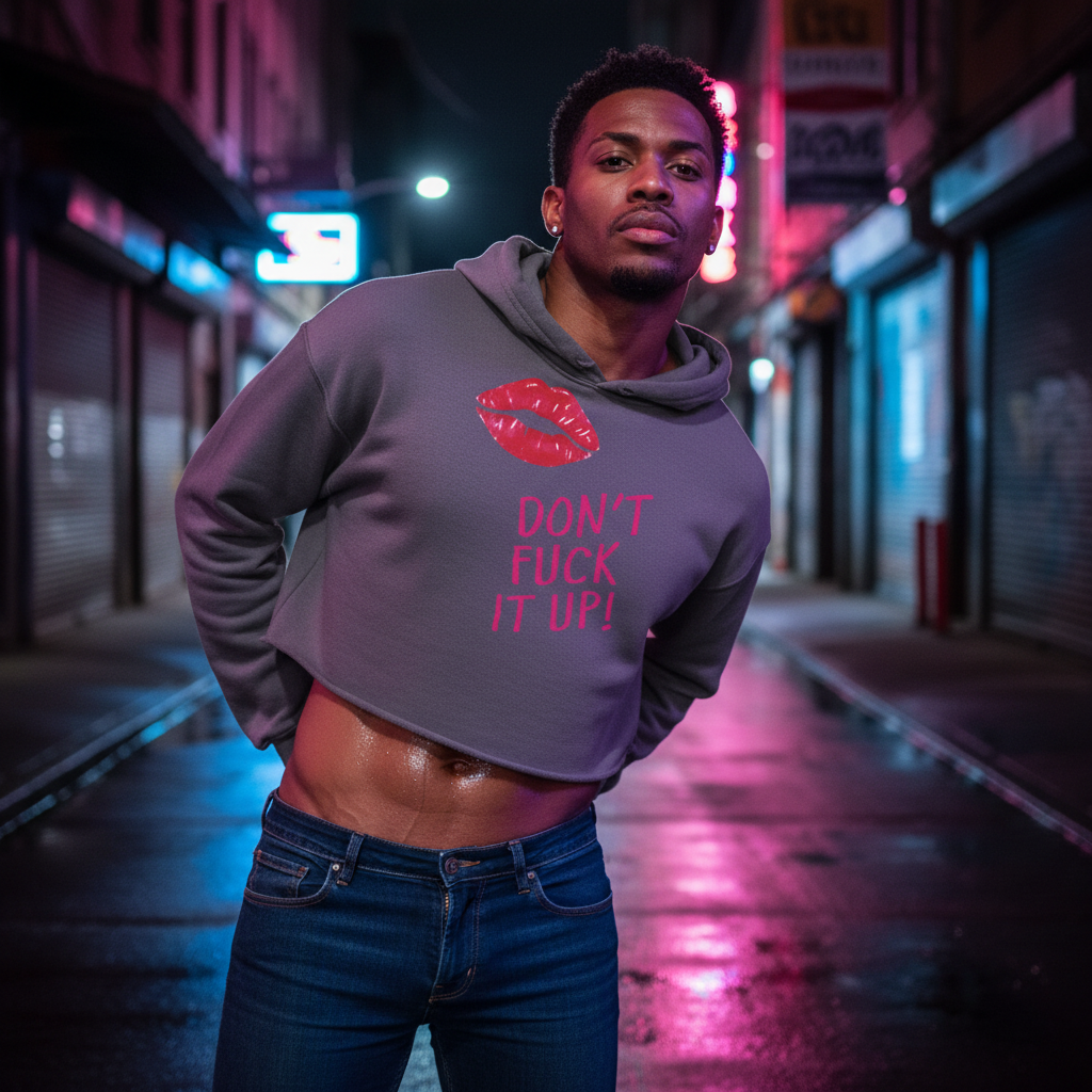 Don't Fuck It Up! gray crop hoodie with bold red lip print and queer slogan, worn by a stylish man on neon city street at night.