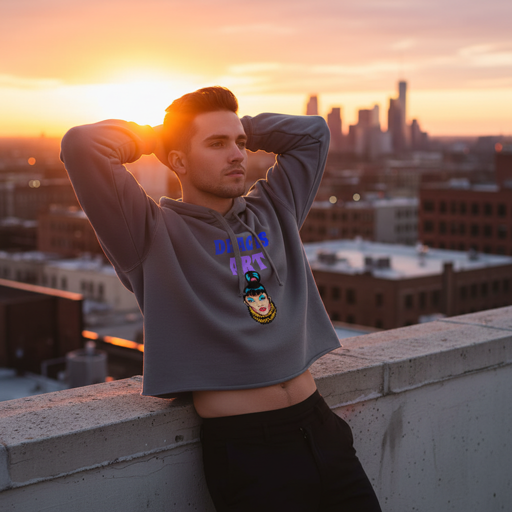 Drag Is Art Crop Hoodie in warm sunset glow, worn by a young man on a rooftop, radiating queer fashion realness.