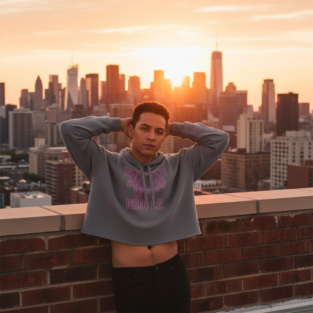 Emotions Are For Ugly People crop hoodie on a young queer person, rooftop sunset, city skyline, sunset’s warm orange glow.