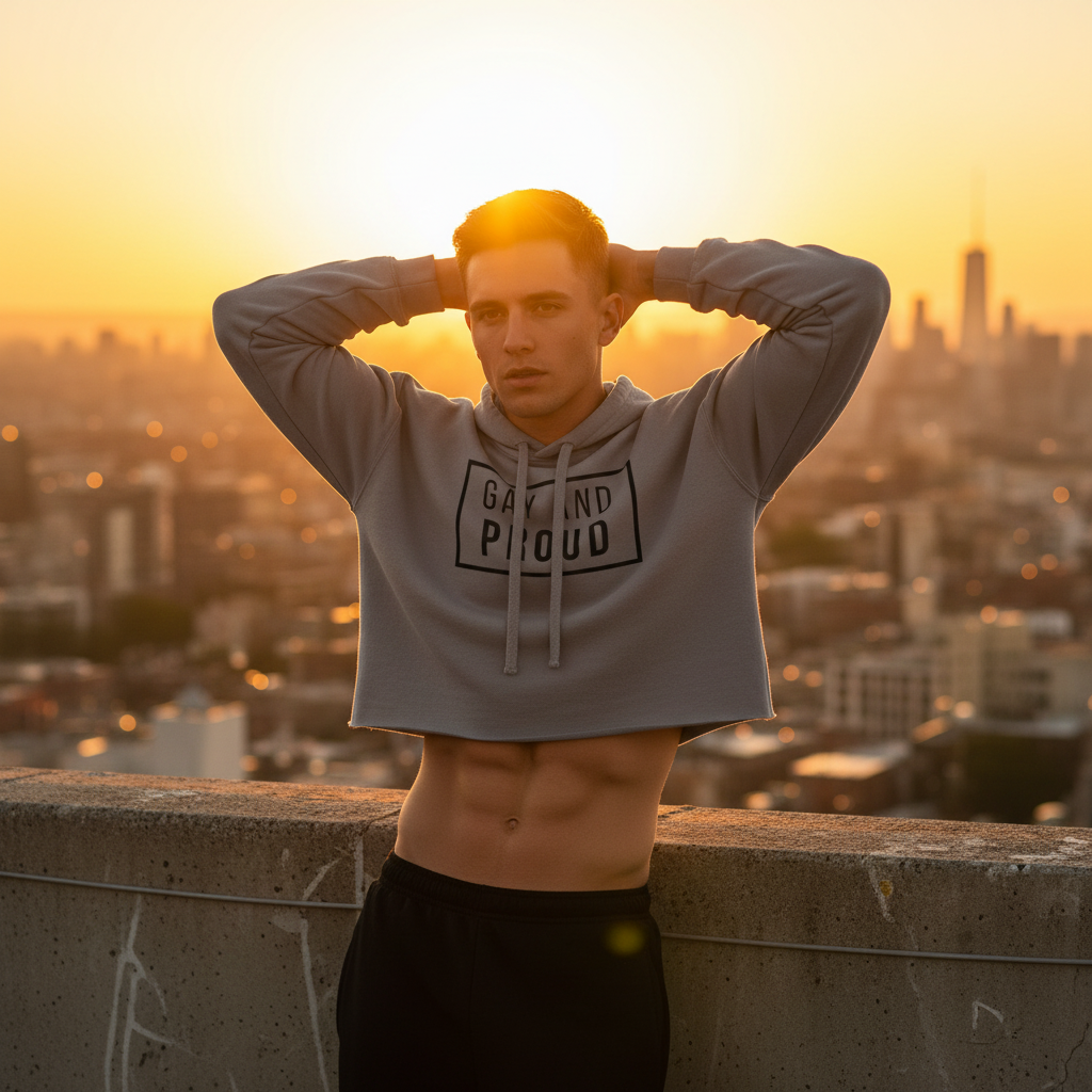 The Gay And Proud Crop Hoodie pops against black pants as a young man models carefree queer vibes on a sunset city rooftop.