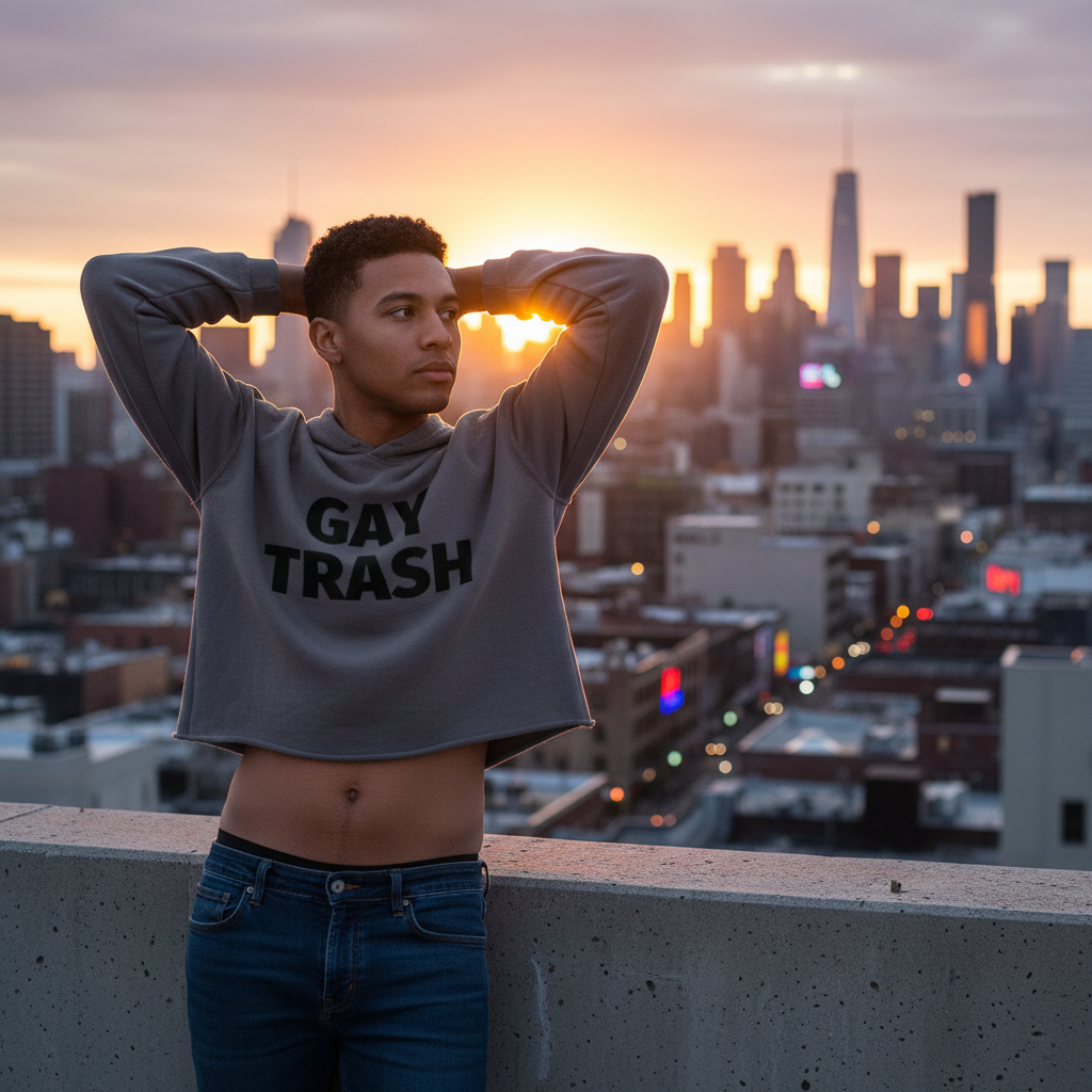 Crop hoodie with bold “Gay Trash” black text, worn by a young man in blue jeans on a rooftop at sunset, city skyline behind him.