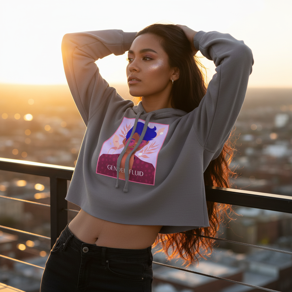 Gender-Fluid Crop Hoodie with a colorful graphic and “Gender Fluid” text, modeled at sunset on a rooftop, queer pride vibes.