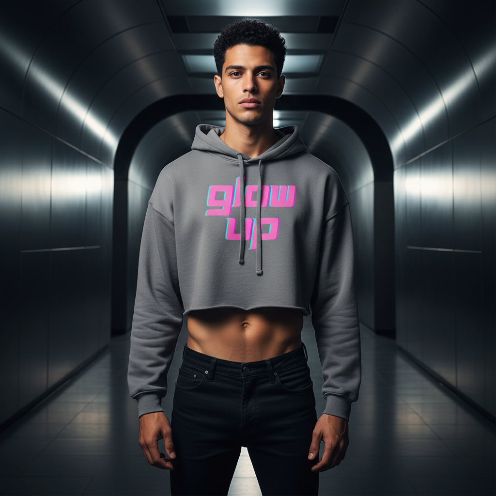 Glow Up Crop Hoodie in gray with a pink graphic, flaunted midriff by a young man in black jeans, serving bold queer vibes.