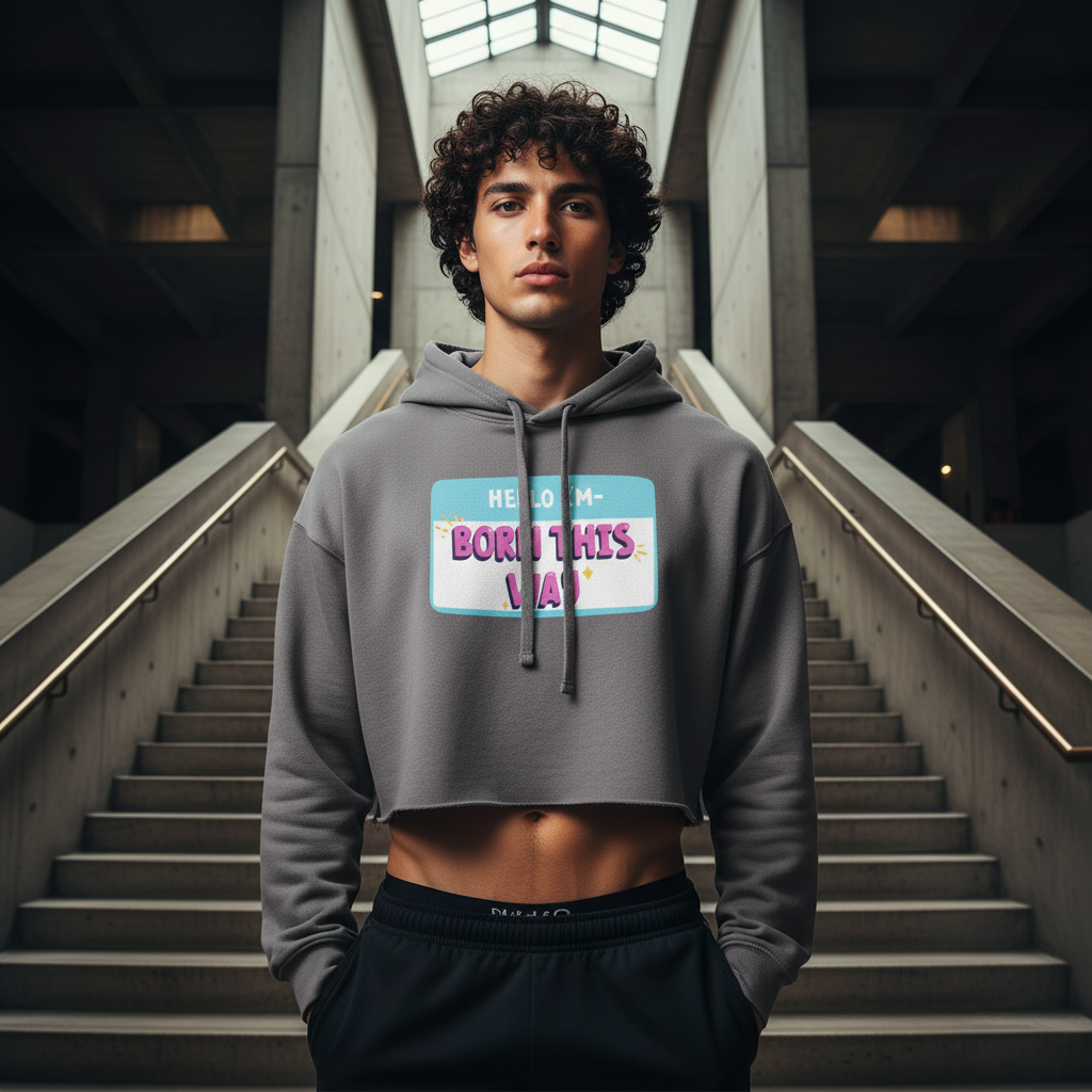 Gray crop hoodie with "Hello I'm Born This Way" rainbow tag, worn by a curly-haired queer person near concrete stairs.