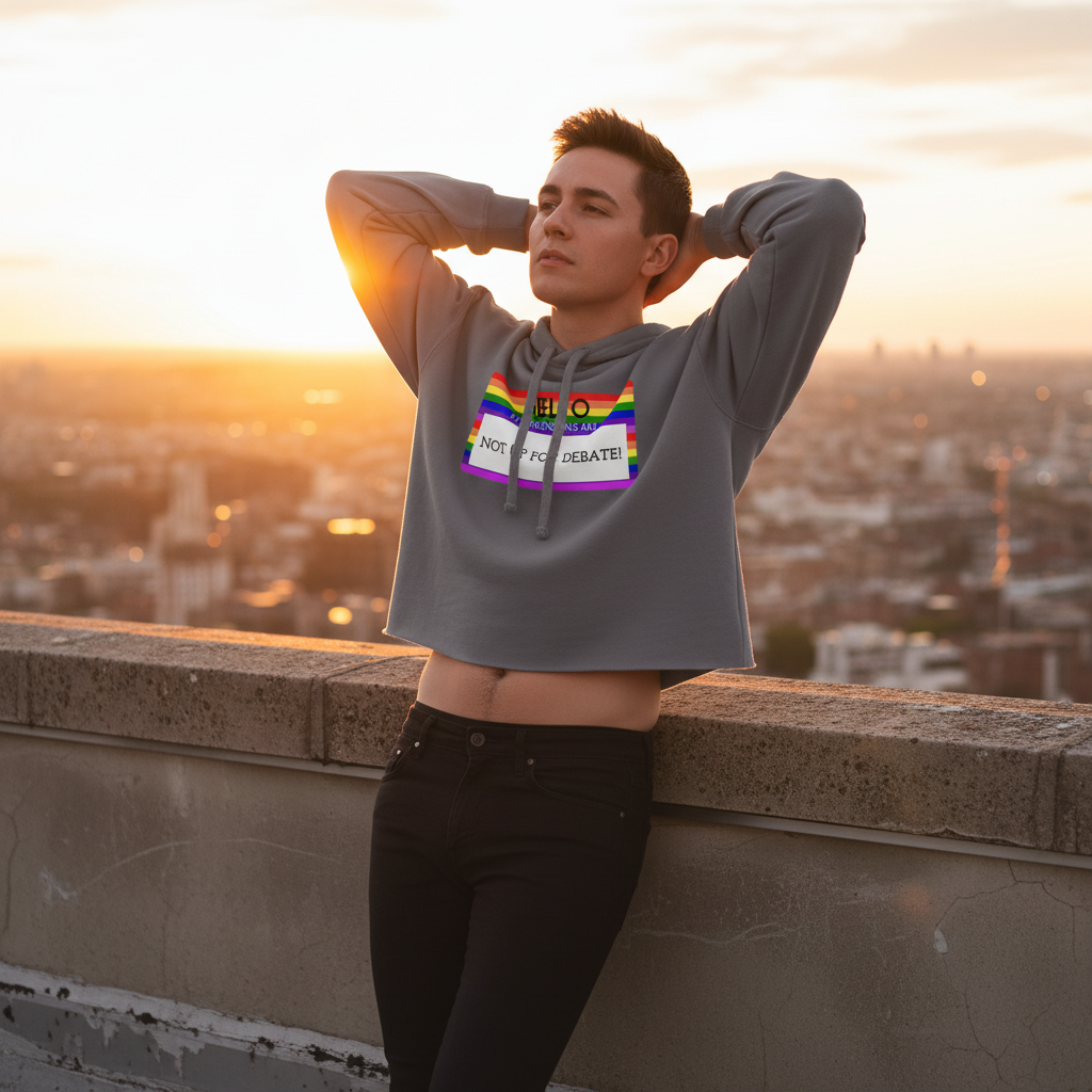 Crop hoodie with “Hello My Pronouns Are Not Up For Debate” slogan and pride-inspired style, worn at sunset on a rooftop.