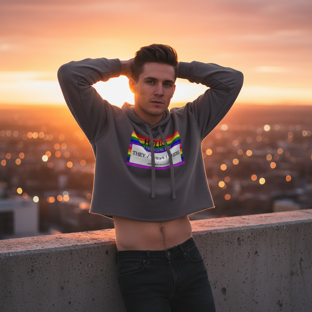 Hello My Pronouns Are They / Them / Theirs crop hoodie with rainbow Pride graphic, worn rooftop at sunset, golden city views behind.