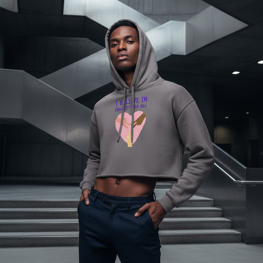 I Believe In Equality For All" crop hoodie with heart graphic, rocked by a queer-presenting youth indoors by sleek stairs.