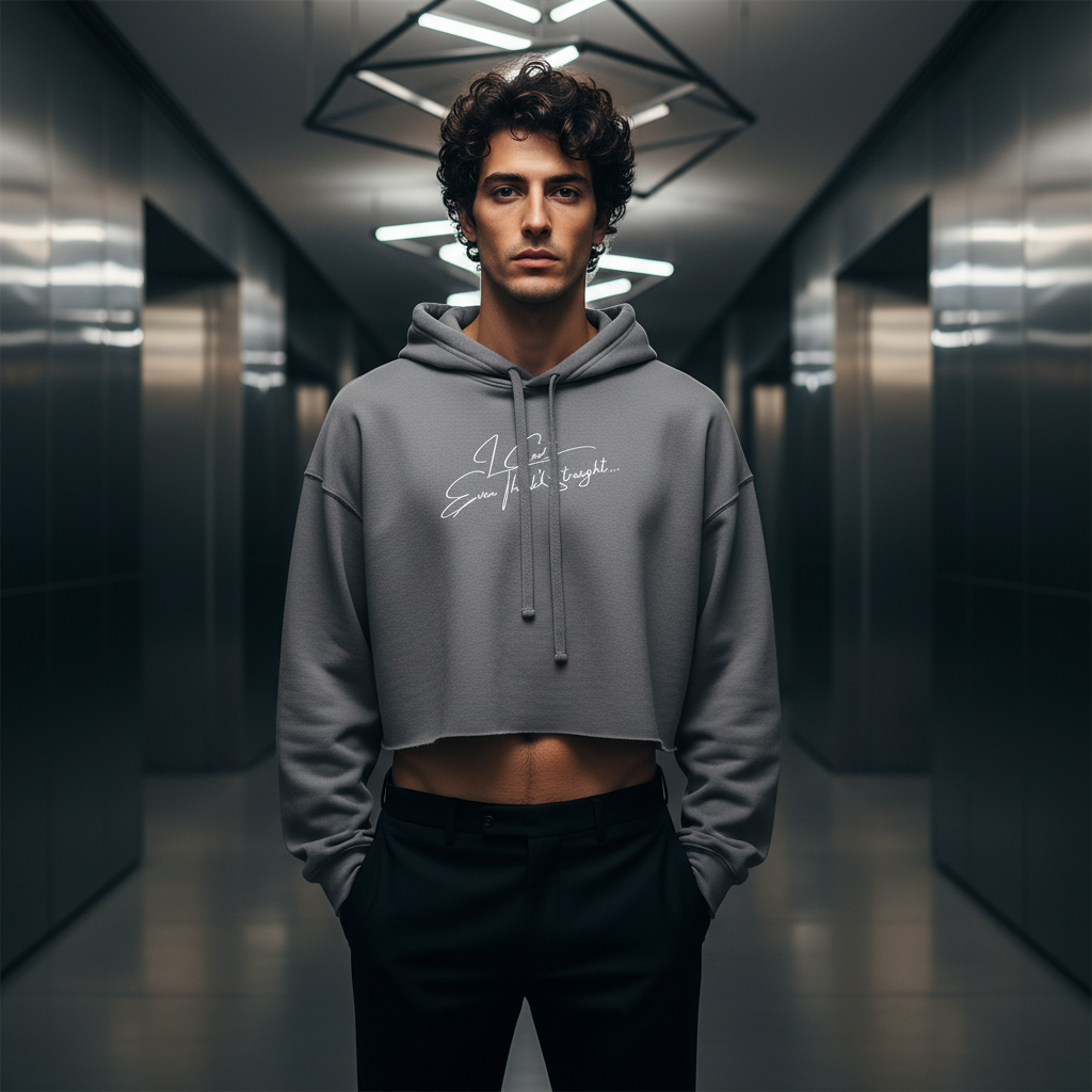 I Can't Even Think Straight" crop hoodie in black with bold white script, worn by a curly-haired young man, serving queer hallway realness.