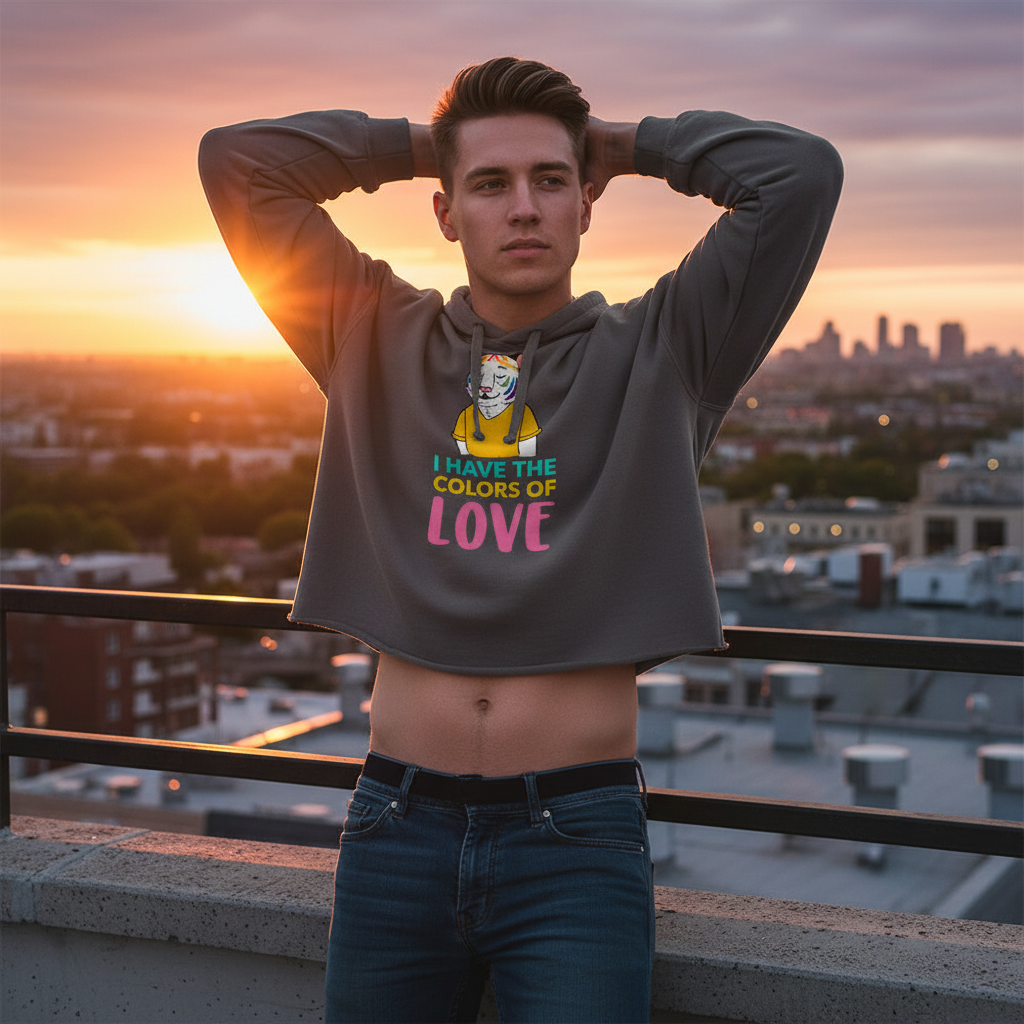 “I Have The Colors Of Love” crop hoodie with a pride-inspired graphic, worn by a young man on a sunlit city rooftop at sunset.