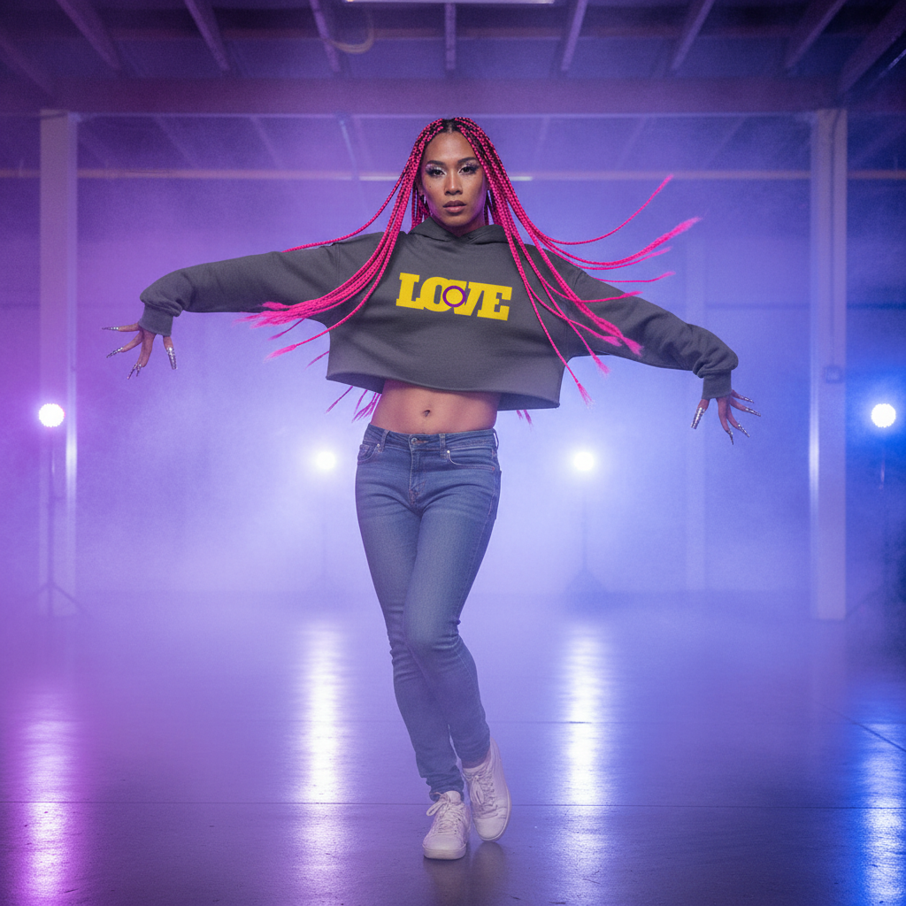 Intersex Love Crop Hoodie, “LOVE” in yellow, worn by person with long pink braids dancing in purple-lit warehouse, blue jeans, white kicks.