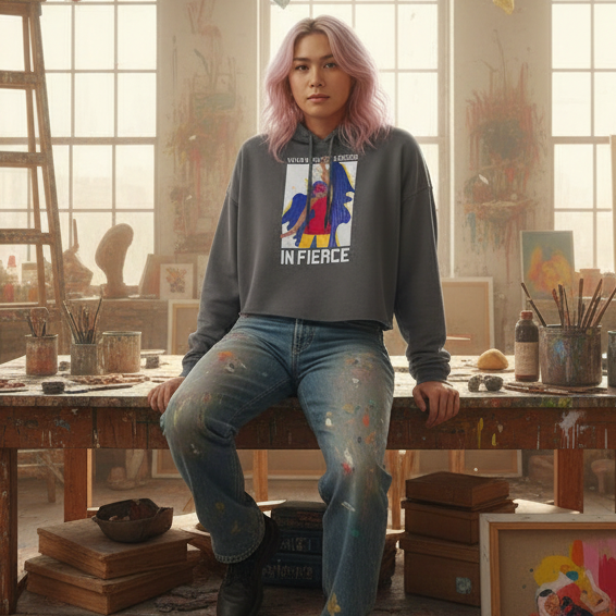 Master's Degree In Fierce Crop Hoodie on a person with wavy pastel pink hair, paint-stained jeans, and queer art studio chaos.