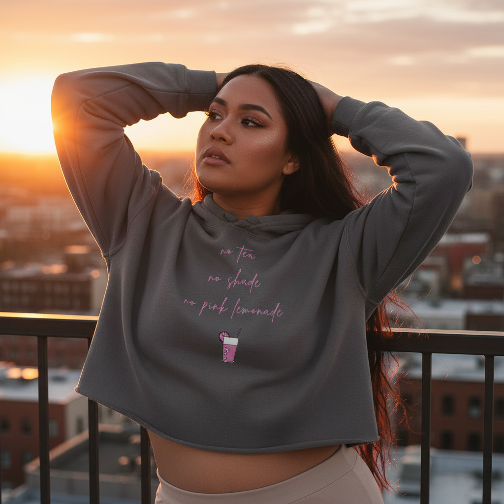 No Tea No Shade No Pink Lemonade Crop Hoodie in gray with pink text, worn with beige pants at sunset—proud queer vibes.