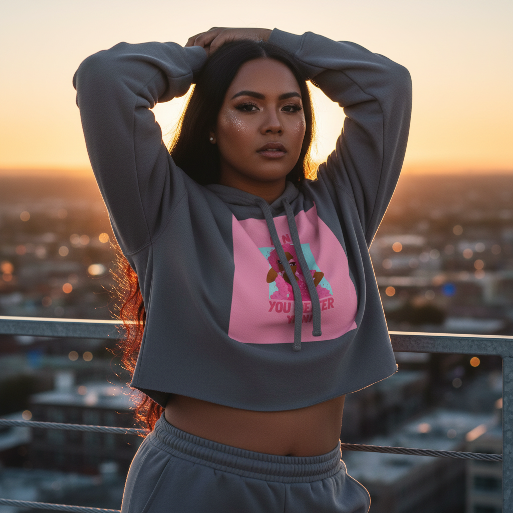 Oh No You Better Don't crop hoodie with pink graphic and matching sweatpants on woman at sunset, city lights blurred behind her.