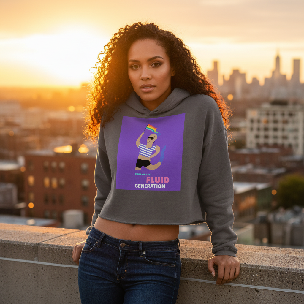 Crop hoodie with "Part Of The Fluid Generation" and a vibrant graphic, worn by a queer woman at sunset on a glowing city rooftop.