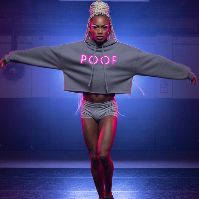 Poof Crop Hoodie with pink neon "POOF" text, gray shorts, worn by a platinum blonde braided queer under purple-blue lights.