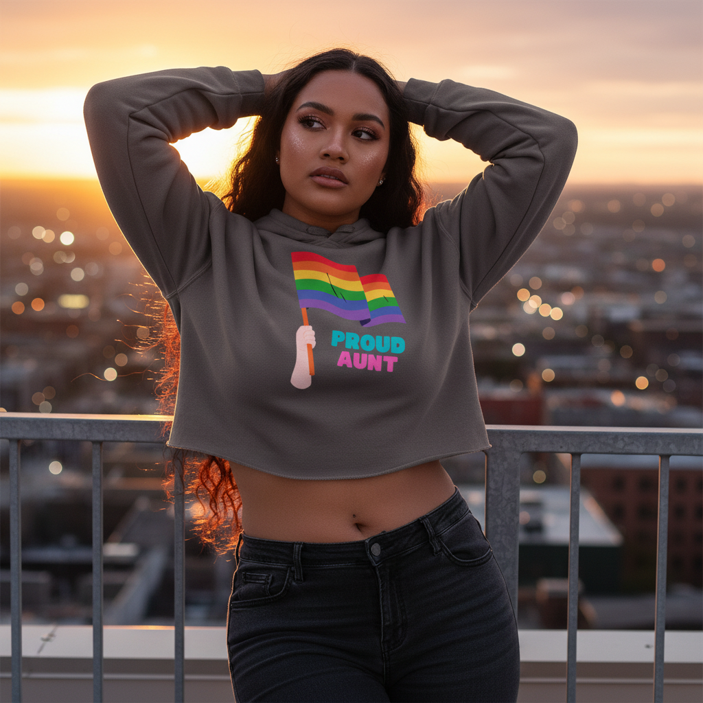 Proud Aunt Crop Hoodie with a bold rainbow flag and "Proud Aunt" lettering, worn on a rooftop at sunset; city lights glow behind.