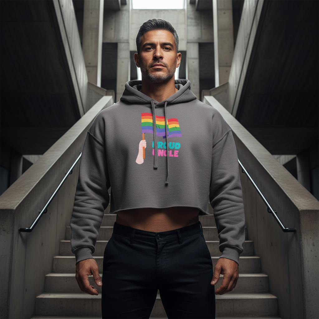 Proud Uncle Crop Hoodie with rainbow flag, worn by a confident man on urban stairs, glowing in dramatic queer pride vibes.