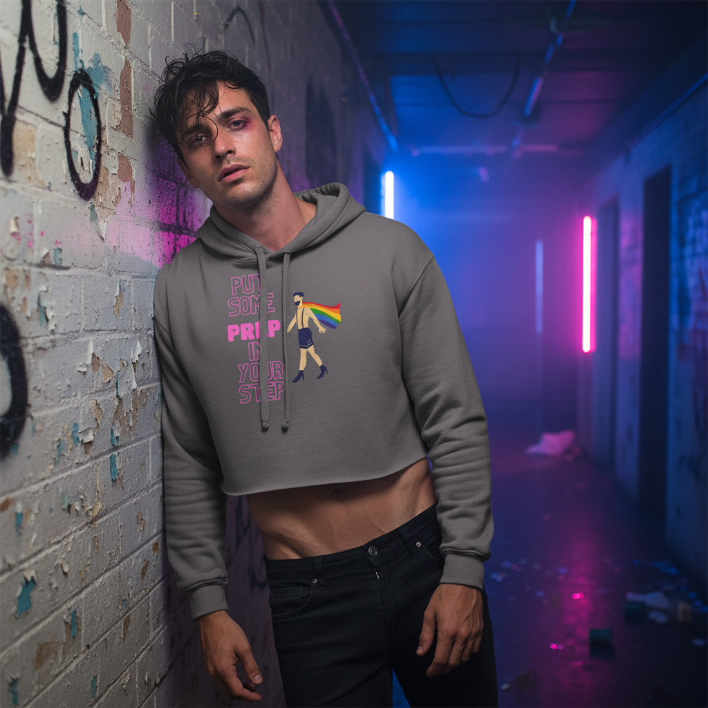 Put Some Prep In Your Step Crop Hoodie with rainbow flag graphic and bold "pride"-themed text, worn at night by a queer man.