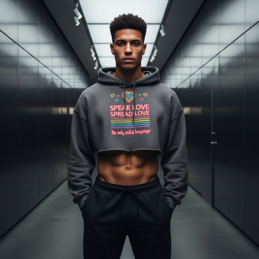 Crop hoodie with "The Only Valid Language" text, rainbow and heart graphics, worn by a young man in a metallic hallway—bold queer Pride style.