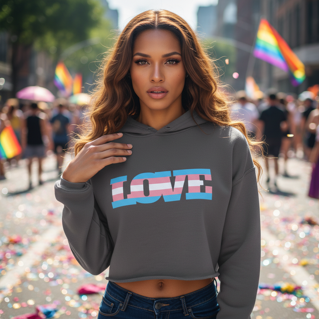 Young person at a pride parade wearing the Transgender Love Crop Hoodie, featuring LOVE in pink, white, and light-blue stripes. A bold statement of queer empowerment and self-expression amidst a festive, inclusive celebration.