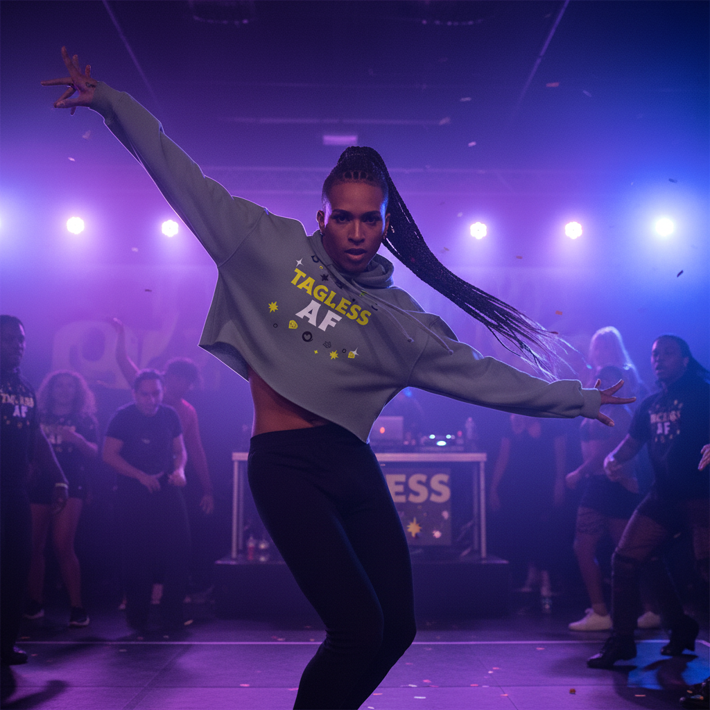 Tagless AF Crop Hoodie on a dancer, under bright purple lights, pops amid queer party vibes, DJ booth, and bold LGBTQ+ looks.