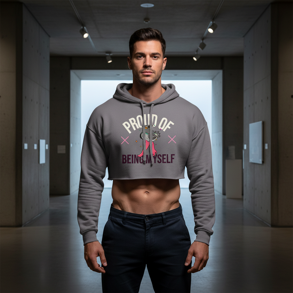 Crop hoodie reading "Proud Of Being Myself" in vibrant colors, worn by a man showing abs, posing in a queer-positive art gallery.