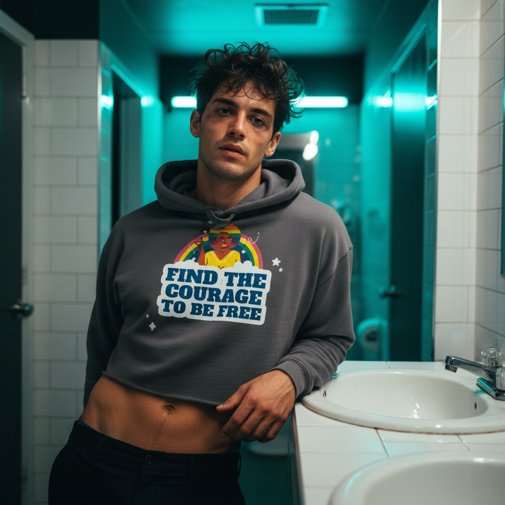 Find The Courage To Be Free crop hoodie with vibrant queer graphics, worn by a young man in a dim bathroom; bold, affirming energy.