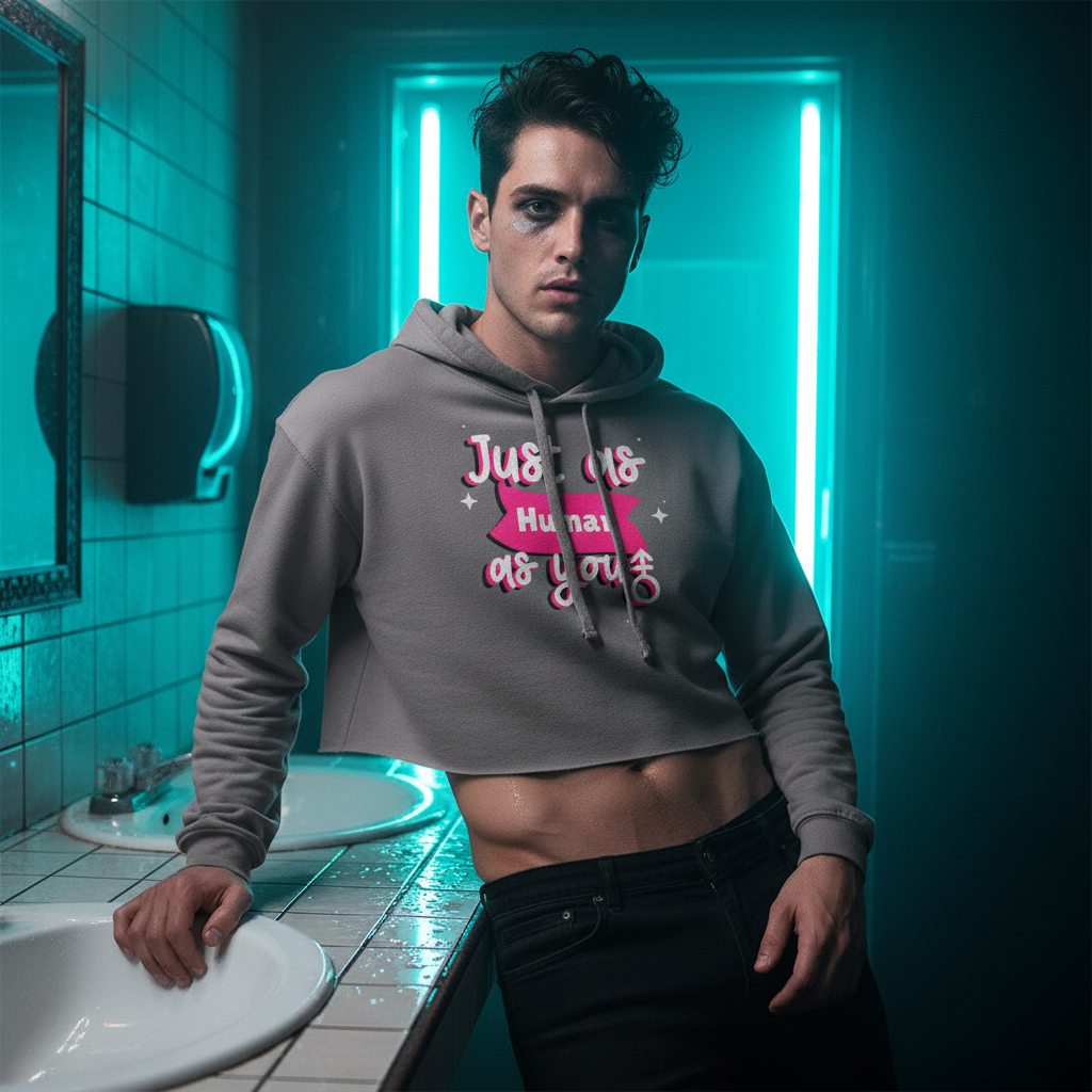 Just As Human As You crop hoodie in soft fabric, bright pink print, worn by a queer guy under neon blue light showing his midriff.