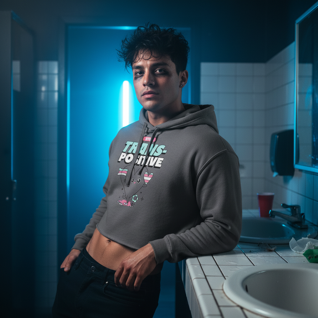 Stay Trans-Positive Crop Hoodie with vibrant pride graphics and "TRANS: POSITIVE" text, worn by a person at a blue-lit sink.