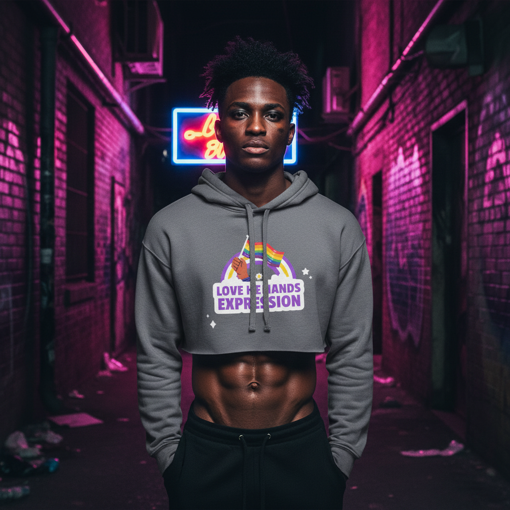 Gray crop hoodie with “LOVE DEMANDS EXPRESSION,” rainbow, and unicorn; young man poses in neon alley with graffiti walls.
