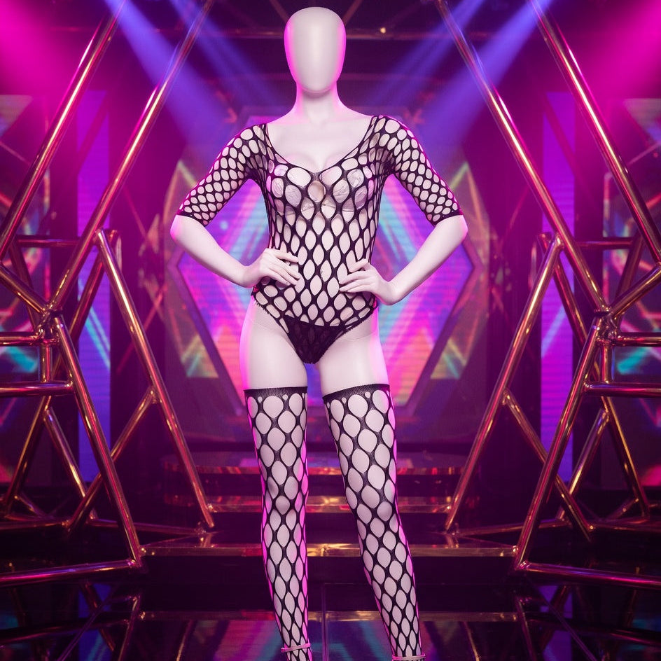 Faceless mannequin in Women's Fishnet Lingerie with circular cutouts, thigh-highs