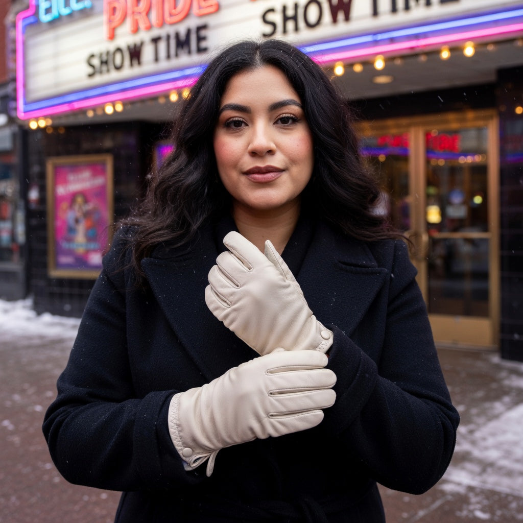 Womens leather winter gloves on a person in a black coat outside theater marquee reading PRIDE SHOWTIME
