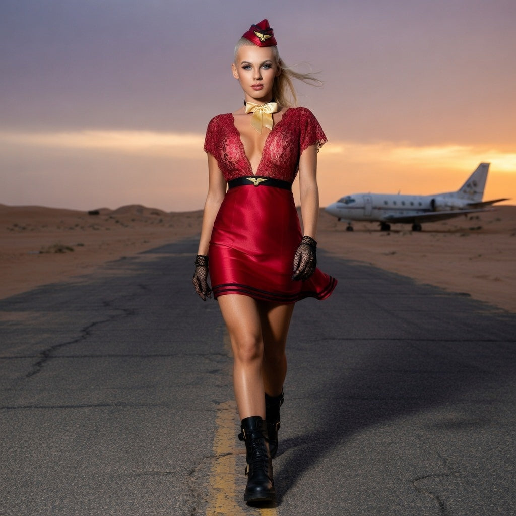 Model in a red lace-trimmed flight attendant costume walking on a runway near a plane