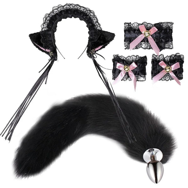 Black lace cat-ear headband, three pink-bow cuffs, and a furry tail plug