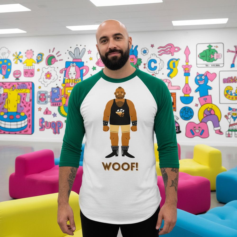 Front-facing model wearing a white-and-green raglan shirt with a bear illustration and “WOOF!”